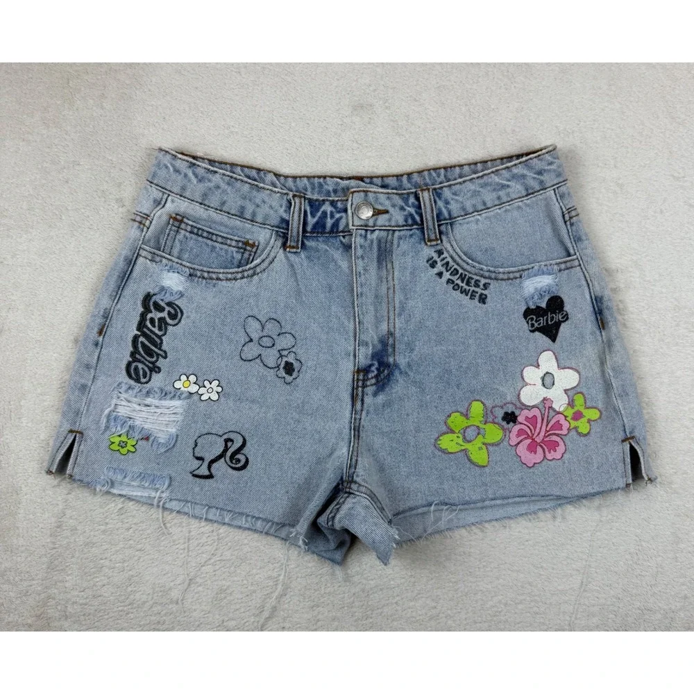 Forever 21 x Barbie Light Wash Distressed Graphic Denim‎ Shorts Womens 28 NEW